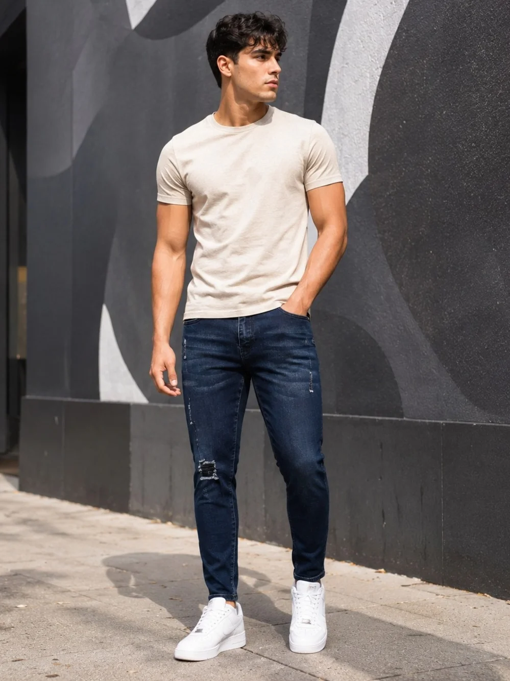 Men's Slim Fit Dark Blue Distressed Jeans